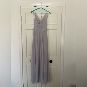 Beautiful dusty lavender/ dove grey chiffon Amsale bridesmaid dress, halter neck